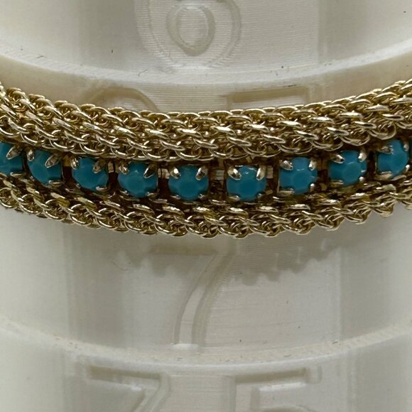 Vintage Gold-Tone Mesh Bracelet Faux Turquoise Stones Secure Clasp 1970s - Picture 15 of 16